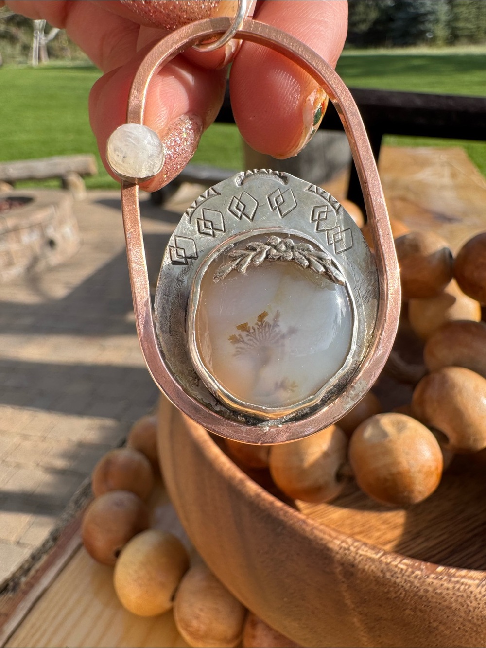 Handmade Montana Agate and Moonstone in Sterling Silver and Copper Pentant